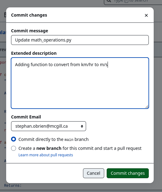 Writing a commit message via Github 